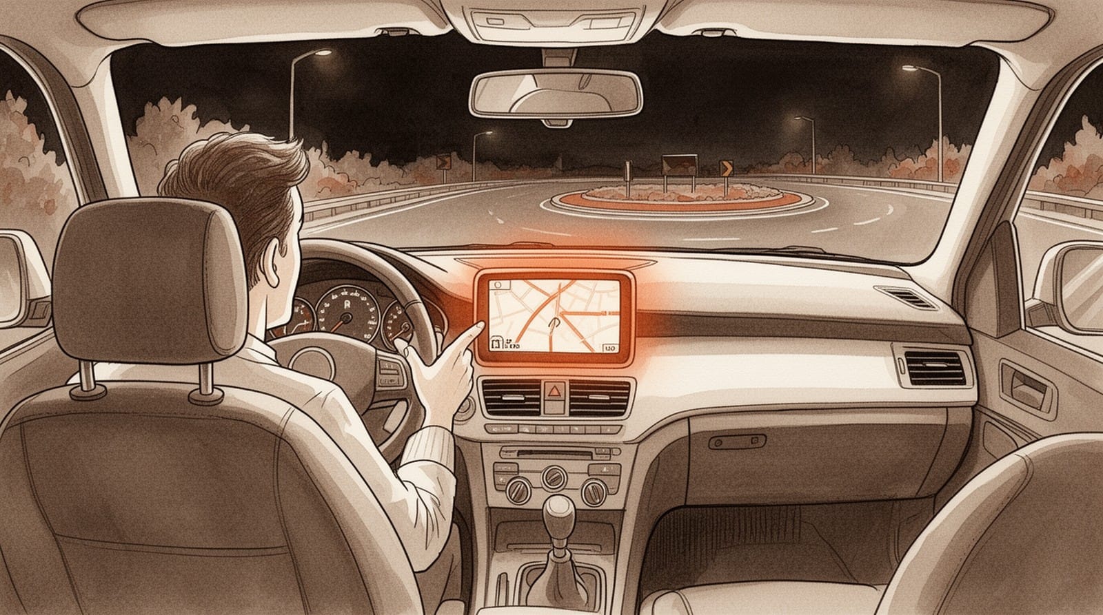 Ilustración en sepia: de noche, visto desde el asiento de atrás, un conductor gesticula ante la pantalla del navegador, con una rotonda delante