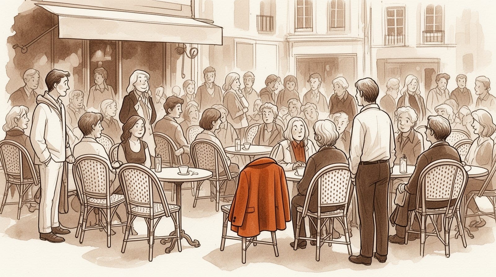 Ilustración en sepia: una terraza llena de gente en la que la única silla libre la guarda un abrigo naranja