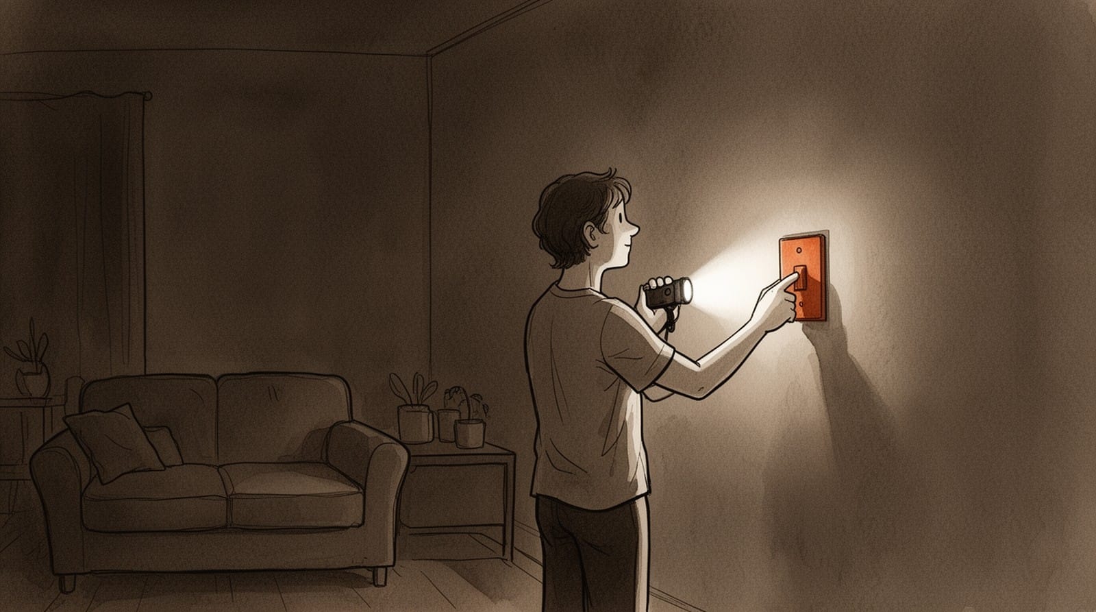 Ilustración en sepia: una persona en su salón a oscuras durante un apagón pulsa igualmente el interruptor de la luz, alumbrándose con una linterna